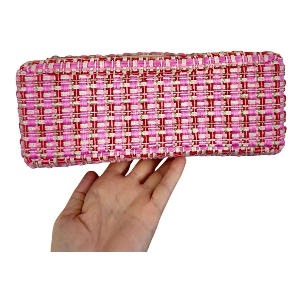 Kate Spade Carlyle Raffia Tweed Medium Shoulder Bag Chain Strap Pink
